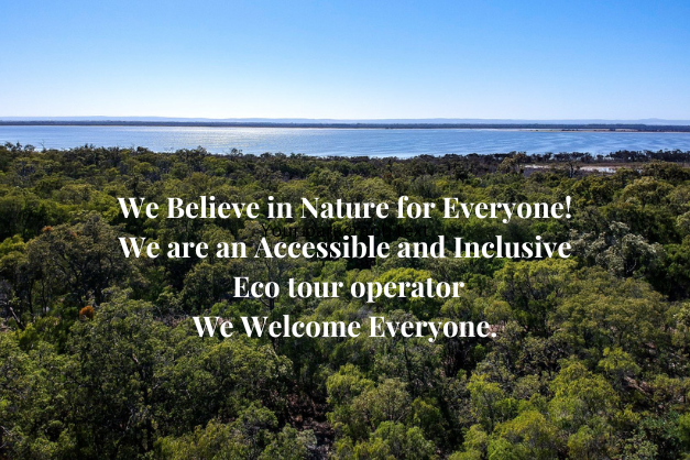 Nature view from above with trees and water. Words: We believe in Nature for Everyone! We are and accessible and inclusive Eco tour operator. We welcome everyone! 